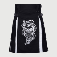 Kilt Gothic Skull Theme | Hybrid Black Cotton Gothic Kilt with White Brocade Pleats
