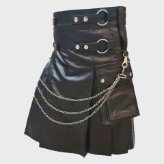 Black Leather Modern Kilt For Men