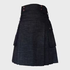 New Black Denim Kilt With Cargo Pockets