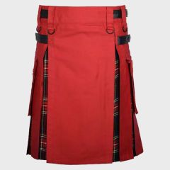 Red Cotton & Black Stewart Tartan Hybrid Utility Kilt For Men
