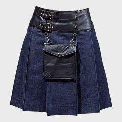New Black Leather Denim Kilt