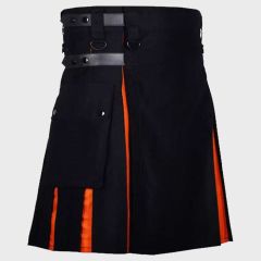 Black Modern Kilt & Orange Pleats Leather Straps Style With Cargo Pockets