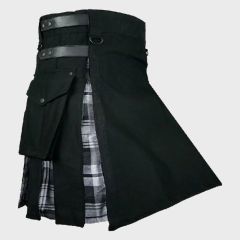 Black Cotton With Black Watch Tartan Hybrid Kilt