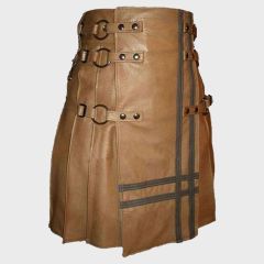 Brown Leather Utility Style Kilt For Men