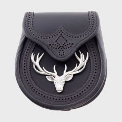 Stag Head Badge Black Leather Sporran