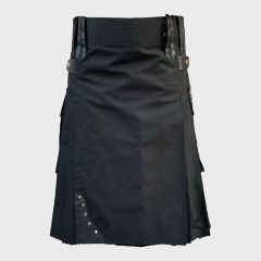 Black Cotton Utility Kilt With Leather Straps
