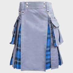 Ramsay Blue Tartan & Grey Cotton Hybrid Utility Kilt For Men