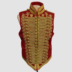 Red Hussar Vest with Gold Braiding Brass Button Waistcoat