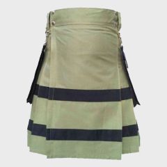 Olive Green Utility Kilt with Black Stripes For Men