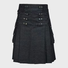 Black Denim Utility Kilt For Men