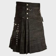 Black Denim Utility Kilt Style With Cargo Pockets